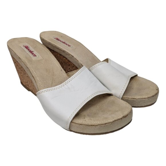 Skechers Cork Wedge Sandals Womens White Leather Slip On Open Toe Size 10 - Picture 5 of 13